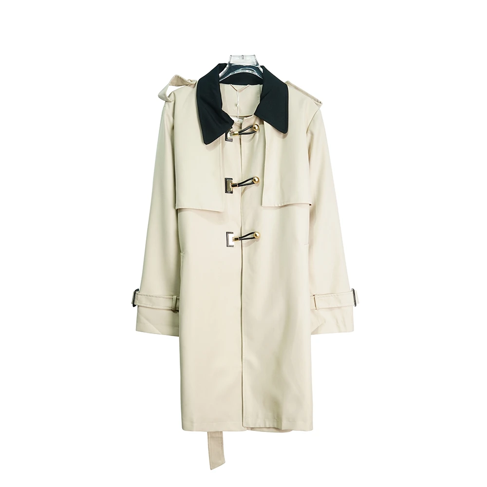 E3093【新款】米白色气质风衣外套中长款修身气质设计感假两件4Q