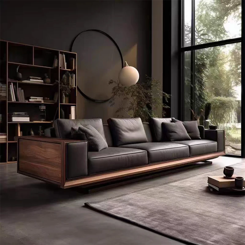 新中式北美黑胡桃木皮艺沙发高级感客厅实木沙发现代简约沙发定制