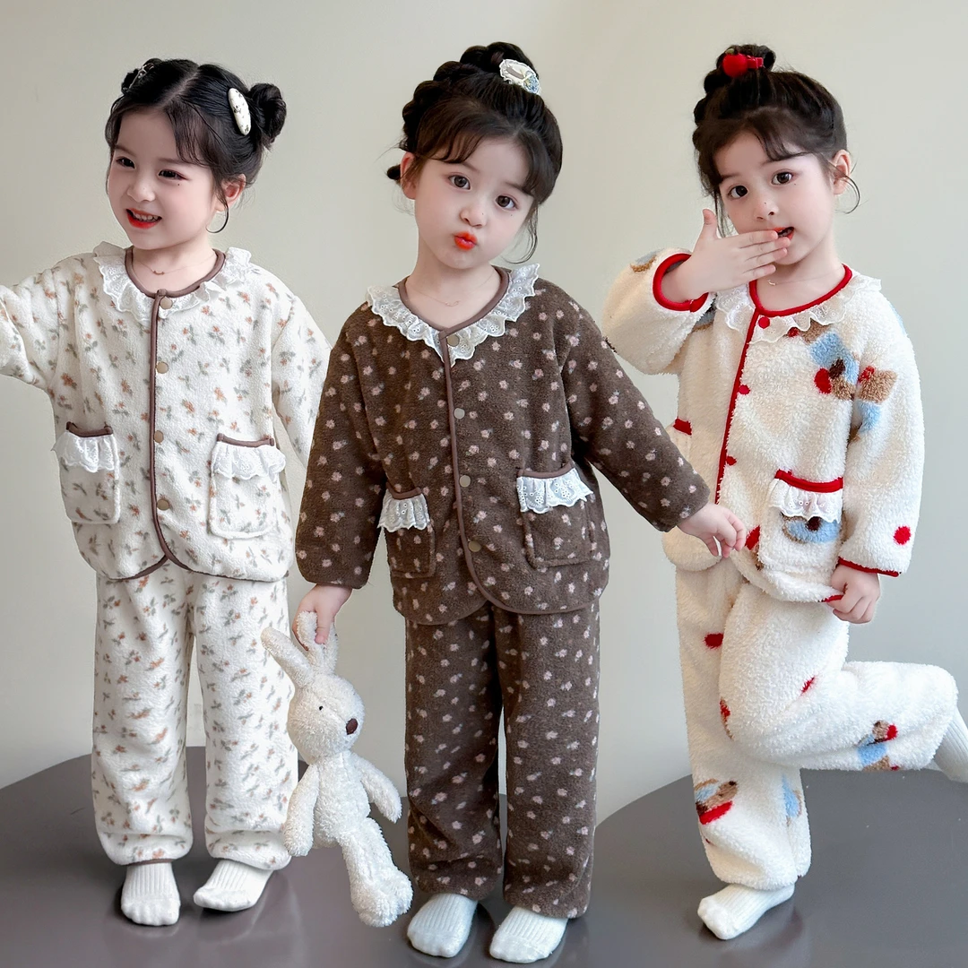 女童睡衣珊瑚绒秋冬季2025新款女孩宝宝加厚法兰绒儿童家居服套装