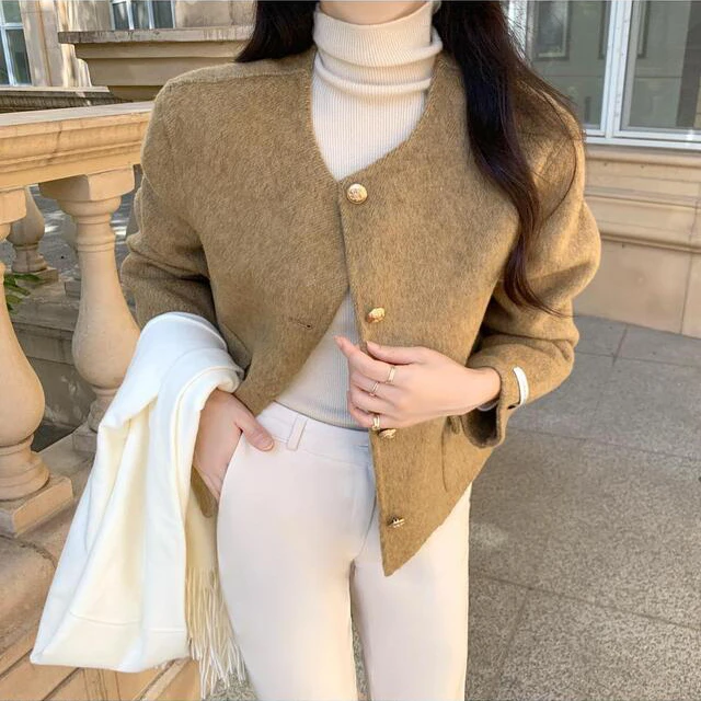 尺寸已更新 韩国chic 气质法式圆领小香风毛呢呢子外套