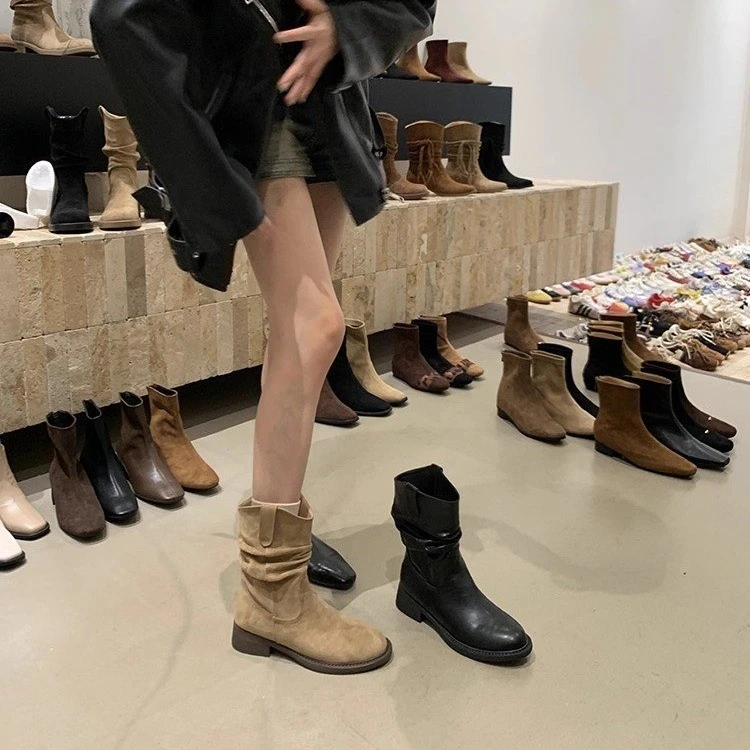 厚底V口显瘦中筒靴女鞋2025春秋季单靴西部牛仔堆堆短靴马丁靴子