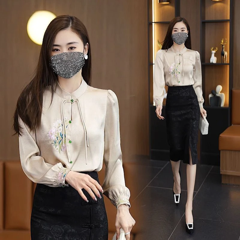 新中式刺绣盘扣衬衫女2025春新款盘扣长袖高级小众设计感休闲上衣