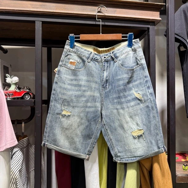 青少年薄款中裤水洗夏季做旧短裤破洞百搭8830