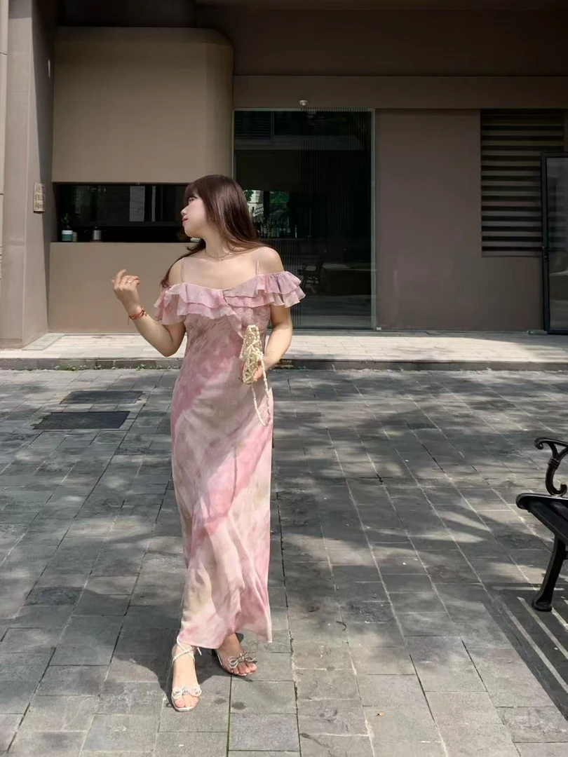 米米子“粉雾花期”定制新款花朵吊带花边一字肩长款显瘦连衣裙裙子