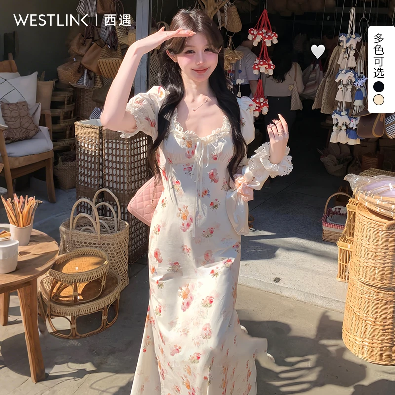 0571西遇泡泡袖连衣裙女2025年夏季新款蕾丝花边修身收腰网纱长裙