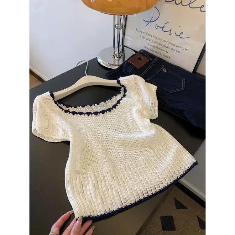 美式撞色圆领冰丝针织短袖t恤女夏季小个子修身显瘦正肩短款上衣