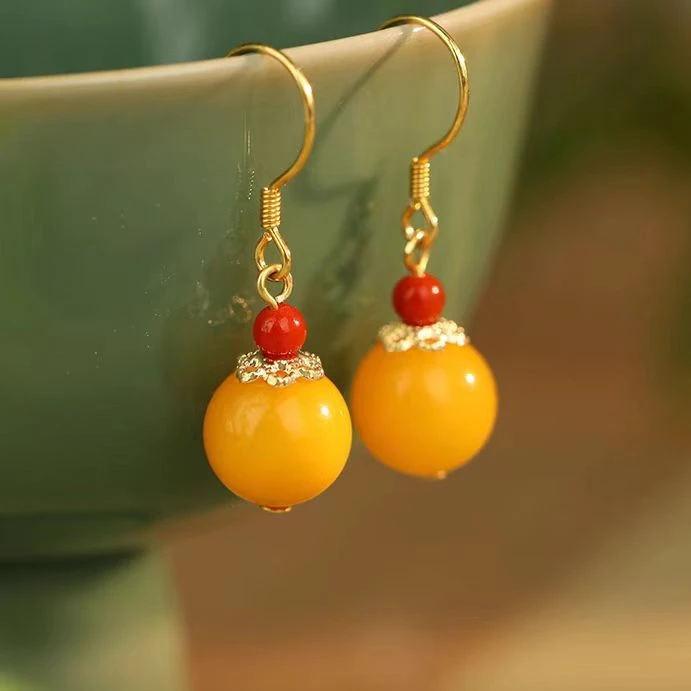 天然鸡油黄玛瑙耳坠女款新中式耳钩古风搭汉服耳饰礼物新年招财