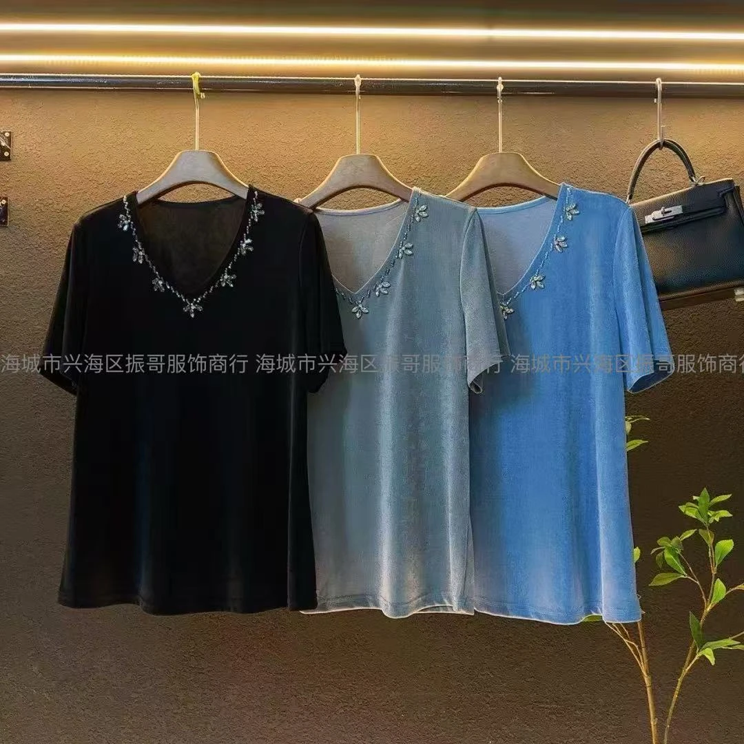 新款大码2025v领女重工设计款夏季显瘦高级感减龄半袖/3332