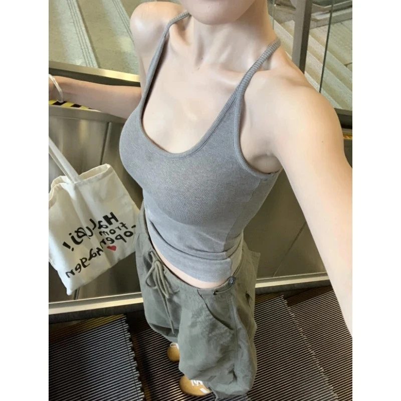 挂脖女带胸垫纯欲风性感辣妹收腰显瘦外穿内搭工字背吊带上衣上衣