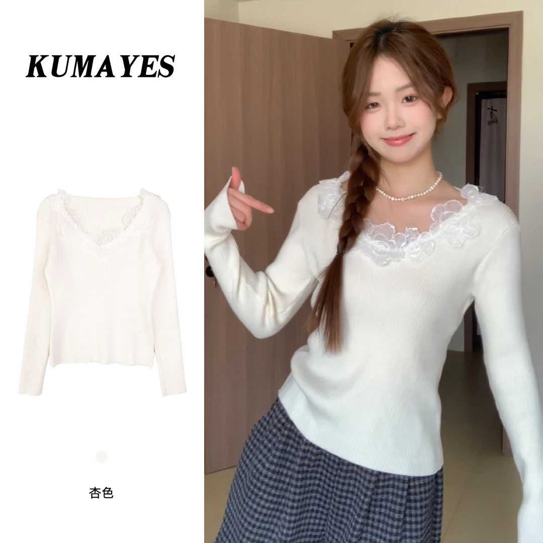 KUMAYES设计感圆领花朵修身打底针织衫秋冬时尚修身内搭套头上衣