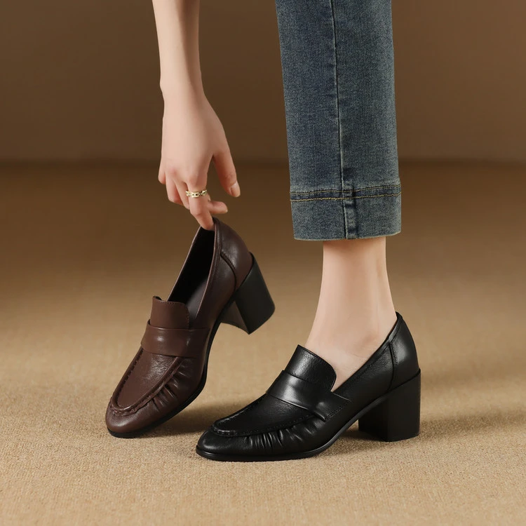 【跟高6.5cm】时尚百搭深口复古棕色粗跟女鞋气质高跟女单鞋