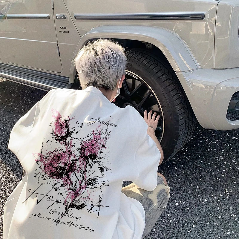 美式潮牌玫瑰花印花纯棉短袖t恤男夏季重磅高街半袖情侣宽松体恤