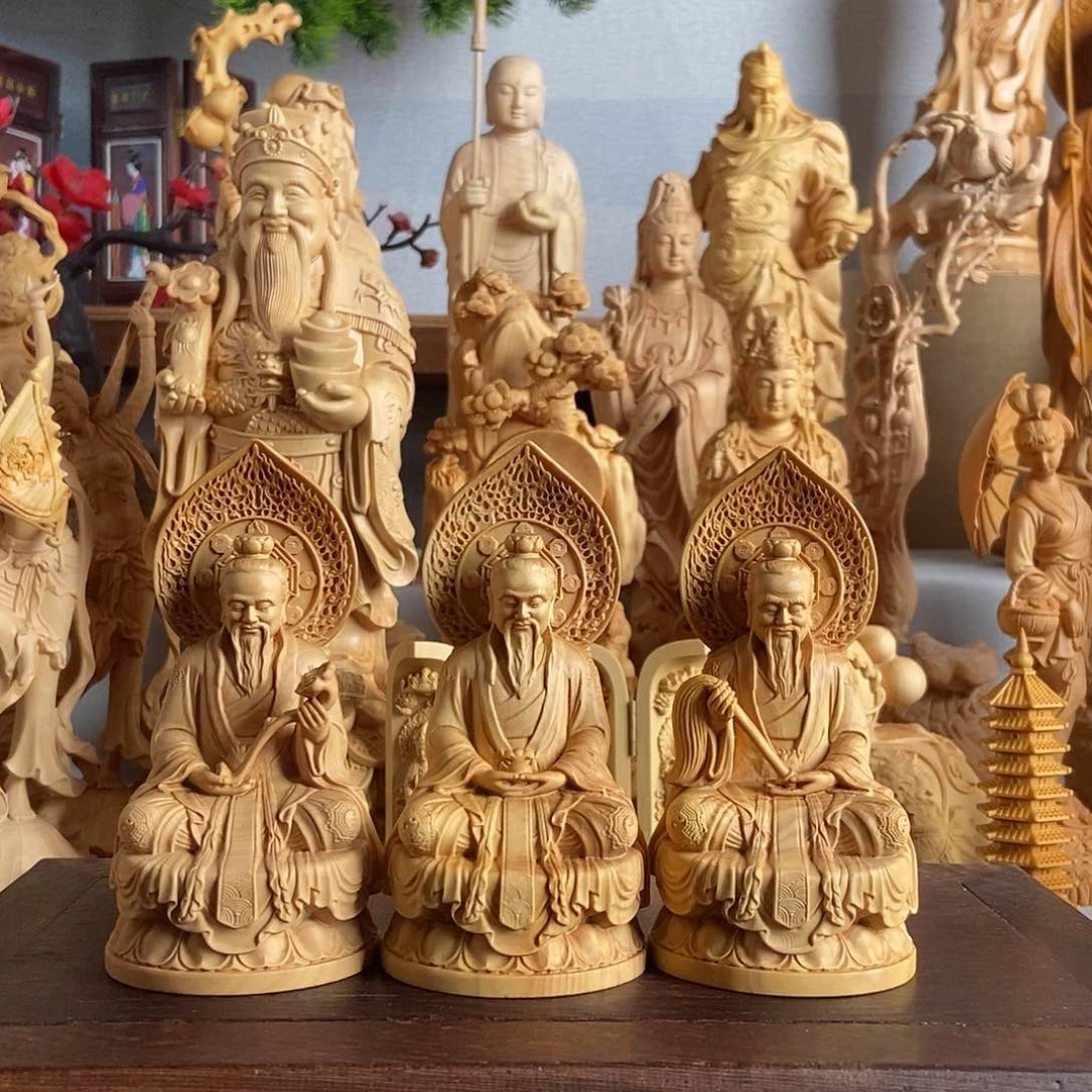 木孙**?小叶黄杨木雕三清一套