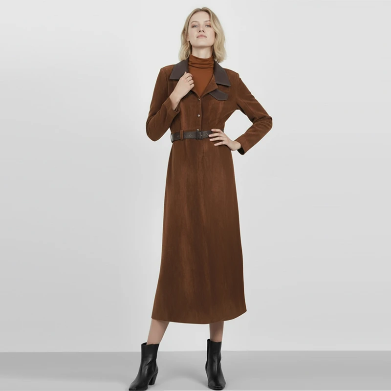 2025复古风皮质翻领收腰连衣裙中长款通勤气质A710155