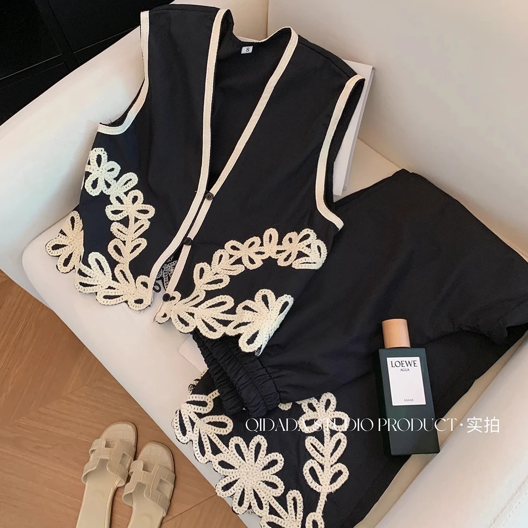 黑色老钱风高端马甲长裤棉麻套装女夏2025新款高级感时尚两件套