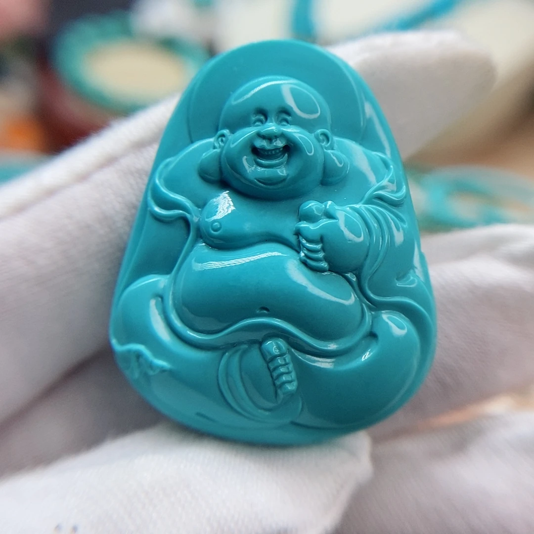 未镶嵌绿松石高瓷蓝精雕弥勒佛牌（姚子墨工）
