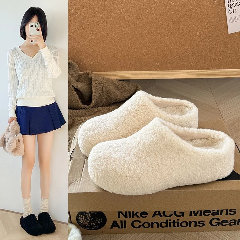 复古圆头毛毡包头半拖鞋女秋冬外穿棉鞋懒人一脚蹬厚底加绒勃肯鞋