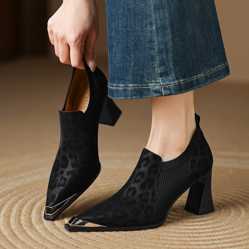 修悦小个子高跟鞋~尖头粗跟金属铁头松紧及踝鞋豹纹深口单鞋通勤