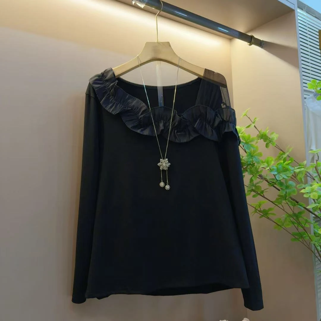 早秋时尚减龄百搭拼接花边高级感显瘦长袖上衣（长61左右）