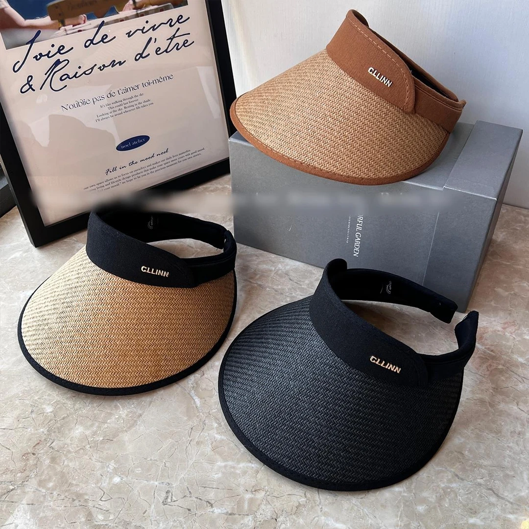 大帽檐拉菲草凯旋门空顶帽黑胶太阳帽遮脸防紫外线2025新款