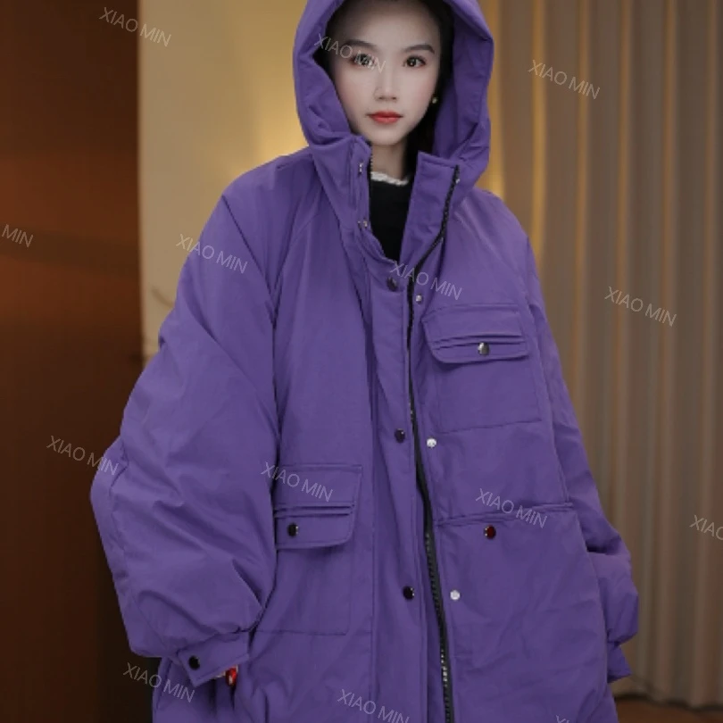 2025冬季新款韩版宽松慵懒风工装多口袋连帽棉服外套女1928