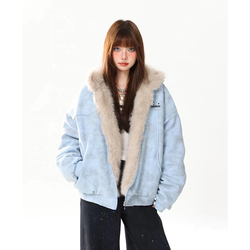 美式潮牌座山雕麂皮绒毛领连帽外套女冬季宽松夹棉保暖棉服#WY141