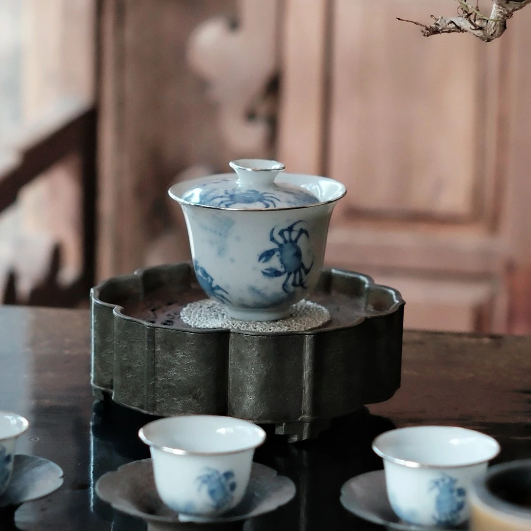 骨瓷青花玲珑瓷螃蟹中国盖碗茶杯茶盖碗茶具主人杯收藏泡茶