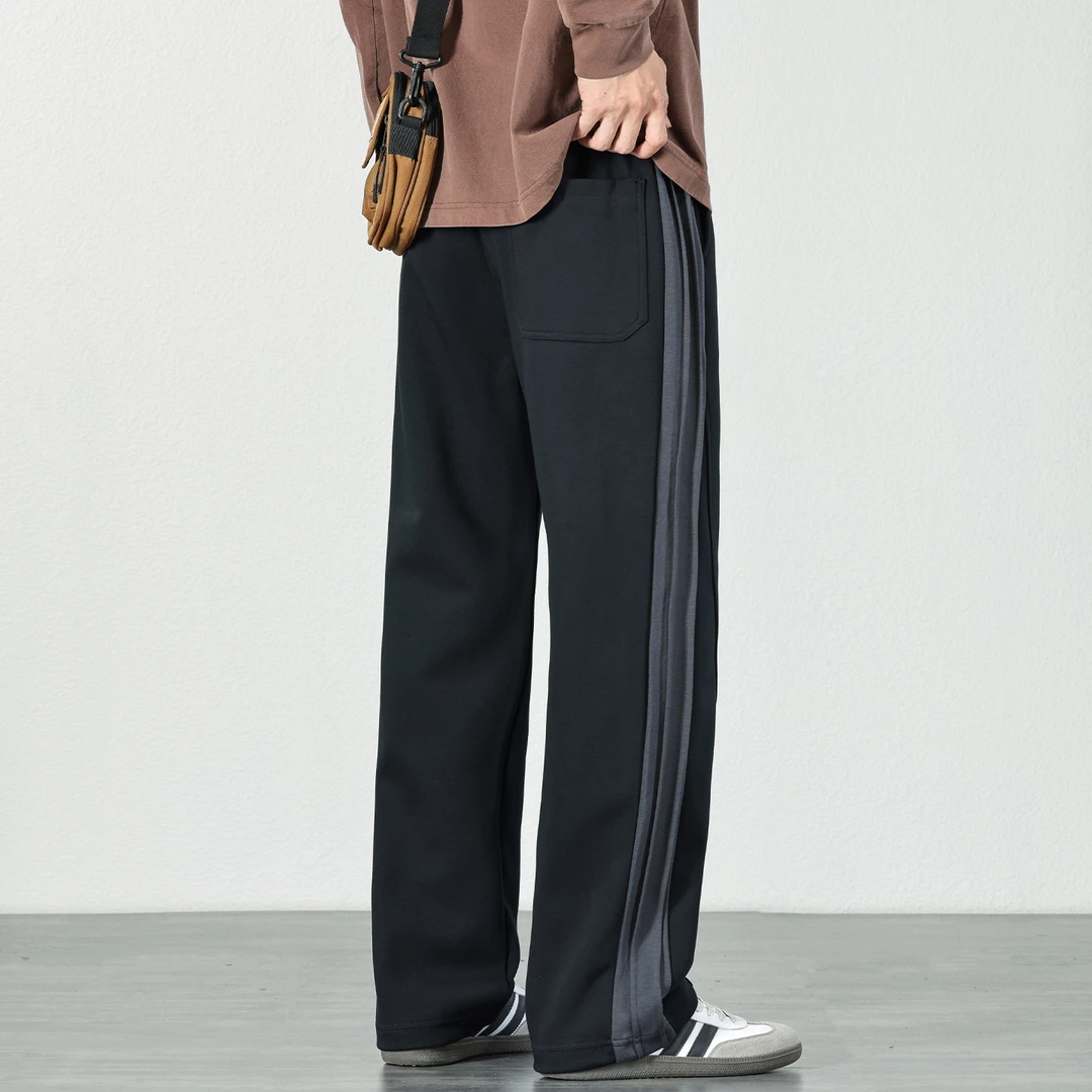 松紧腰运动卫裤男款秋冬季条纹撞色直筒长裤宽松垂感弹力休闲裤子