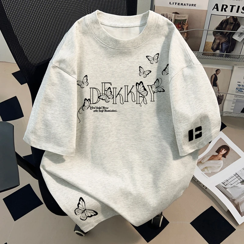 jtrt重磅纯棉短袖t恤男女2025新款夏季宽松蝴蝶印花小众半袖上衣