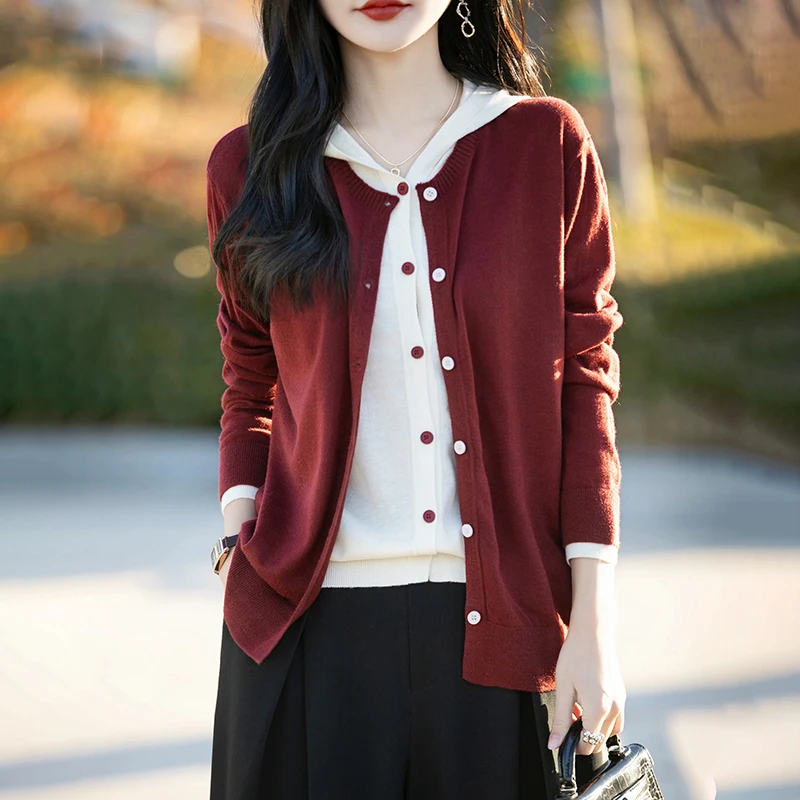 大码女装连帽假两件开衫春秋2025新款洋气宽松外搭上衣针织衫毛衣