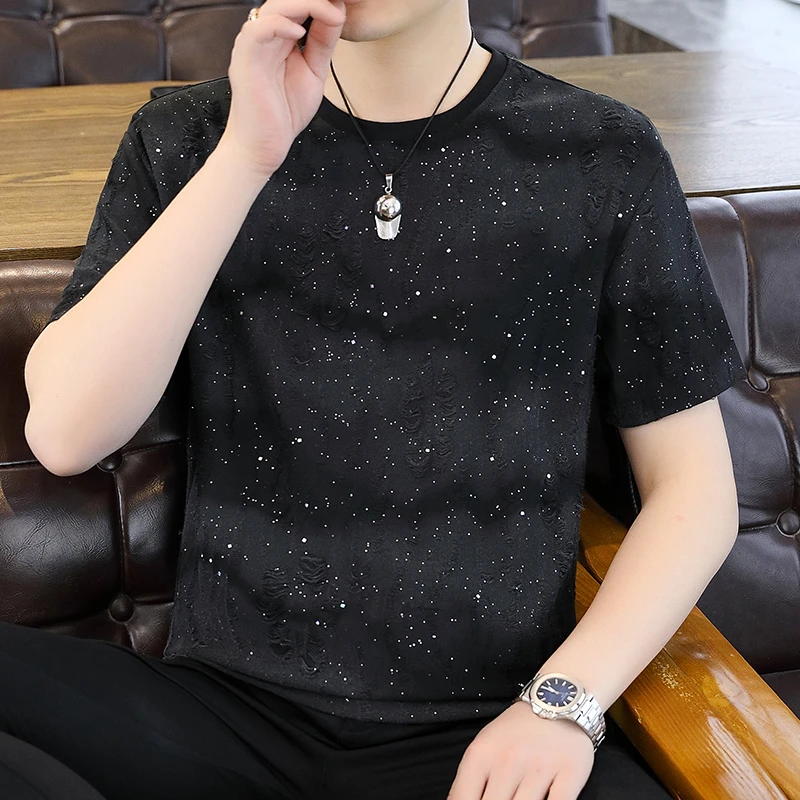 上衣短袖男装男士时尚潮流圆领免烫夏季满天星T恤个性休闲薄款男