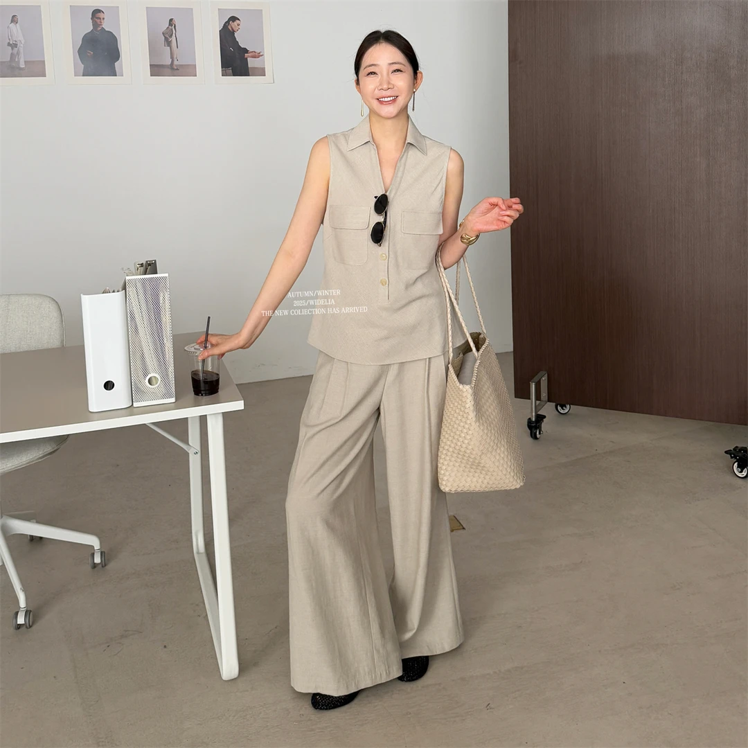 widelia夏季7188韩版Polo领口袋无袖背心+宽松休闲时尚西裤套装