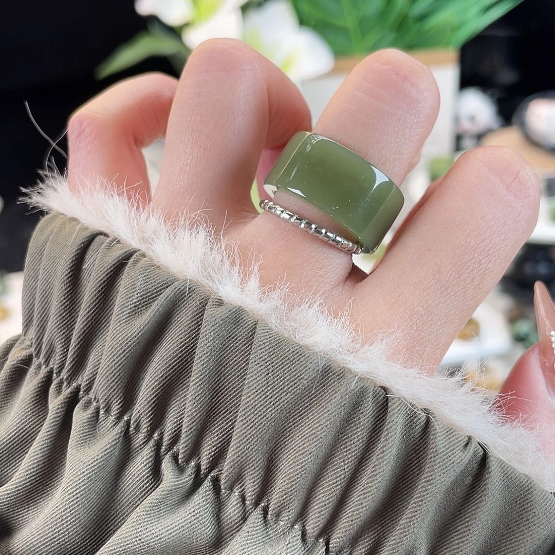 和田玉未镶嵌戒指E34湖水绿圆切扳指19.1