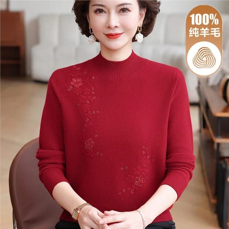中年妈妈羊毛衫女100纯羊毛衫中老年本命年红色秋冬新款打底毛衣