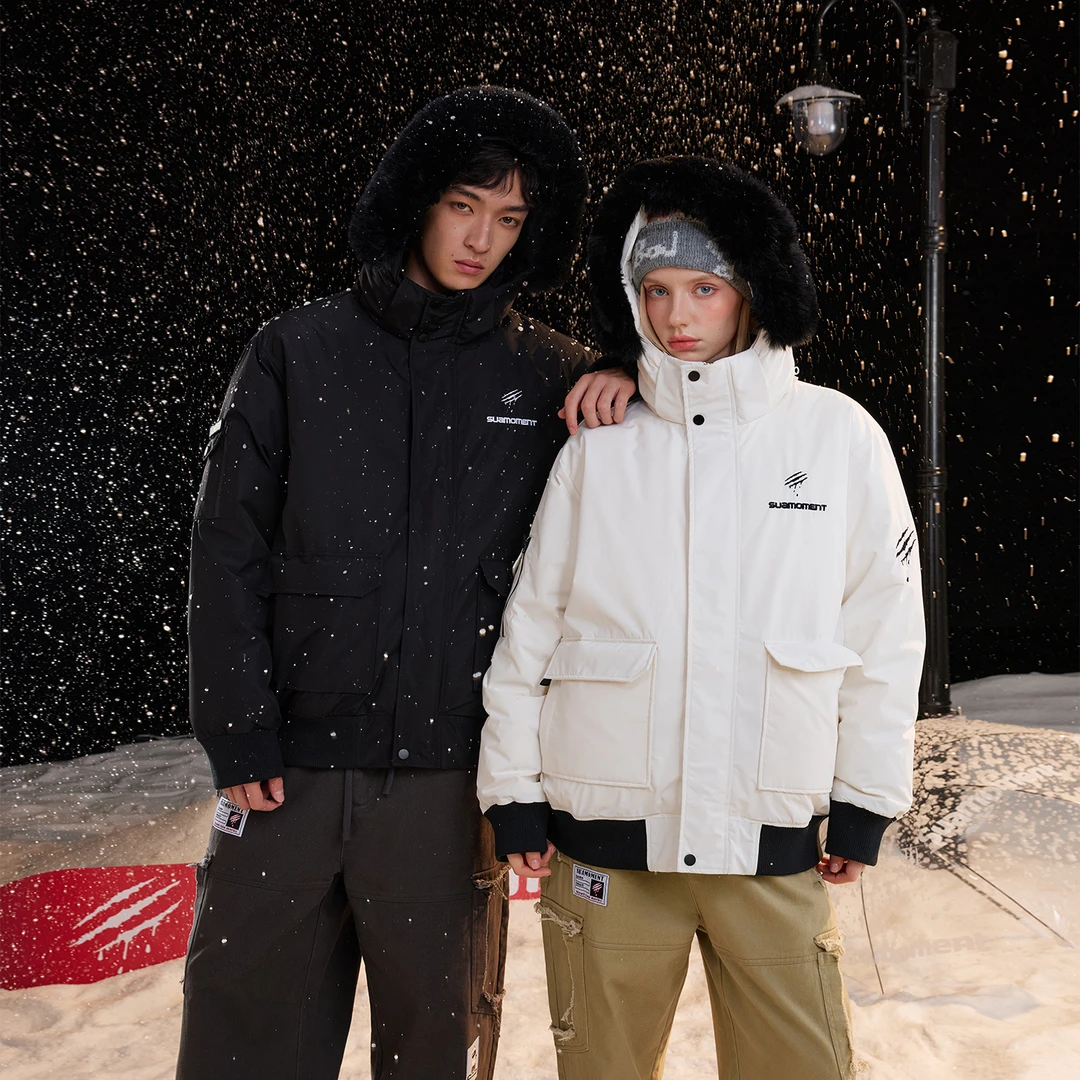 SuaMoment90白鸭绒户外情侣羽绒服冬工装大毛领加厚防风保暖外套