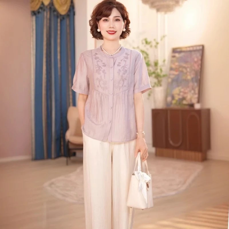 2025新款妈妈装夏季时尚气质中年女装宽松新中式小衫套装