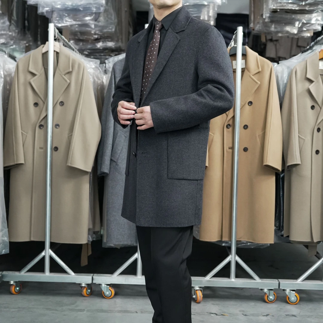 单排扣一手长西装碳黑色大衣