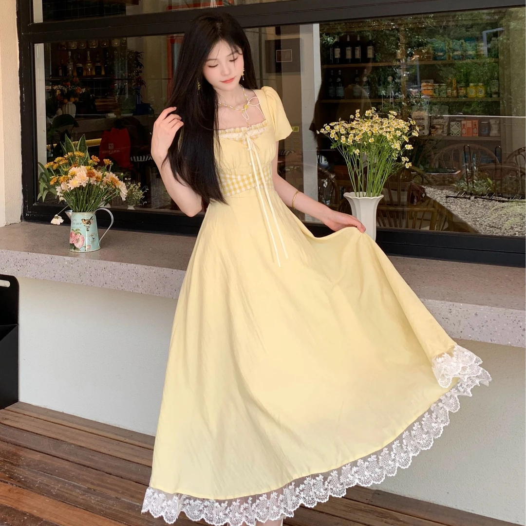 Blovelan风眠 温柔风法式甜美蕾丝拼接设计感绑带连衣裙