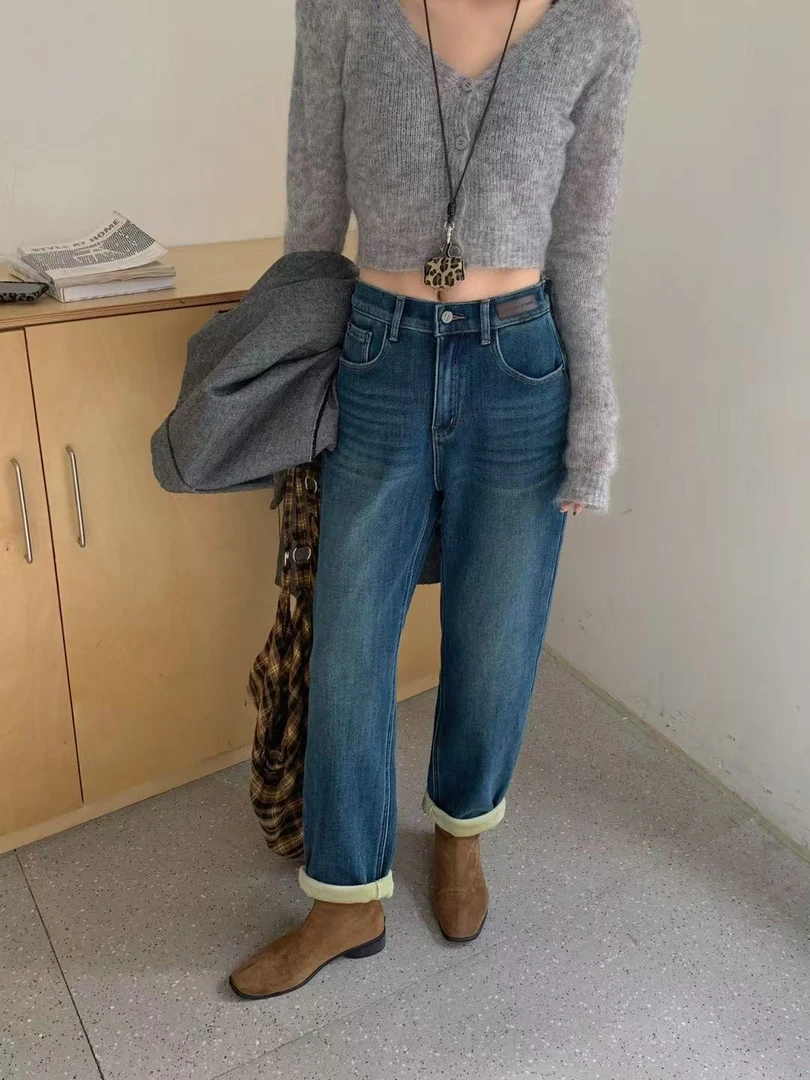 88003#ly#复合厚绒 韩版高腰松紧腰哈伦牛仔裤女