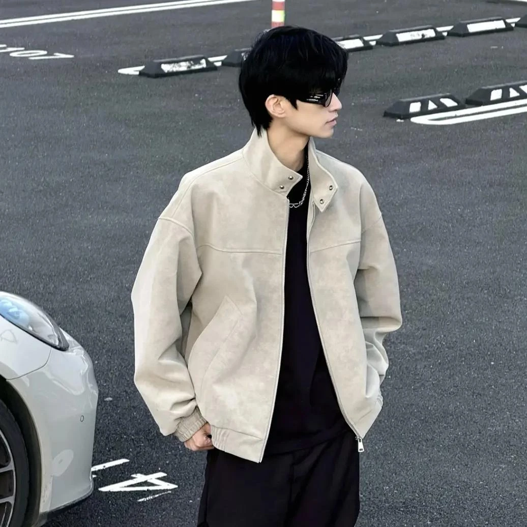 春秋扎染PU皮美式复古立领皮衣夹克宽松百搭情侣外套