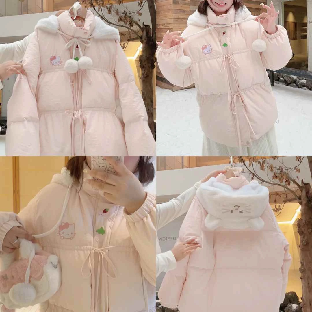 【现货】【冬日Kt酱】大码甜妹冬季新款Kitty粉色加绒加厚连帽外套
