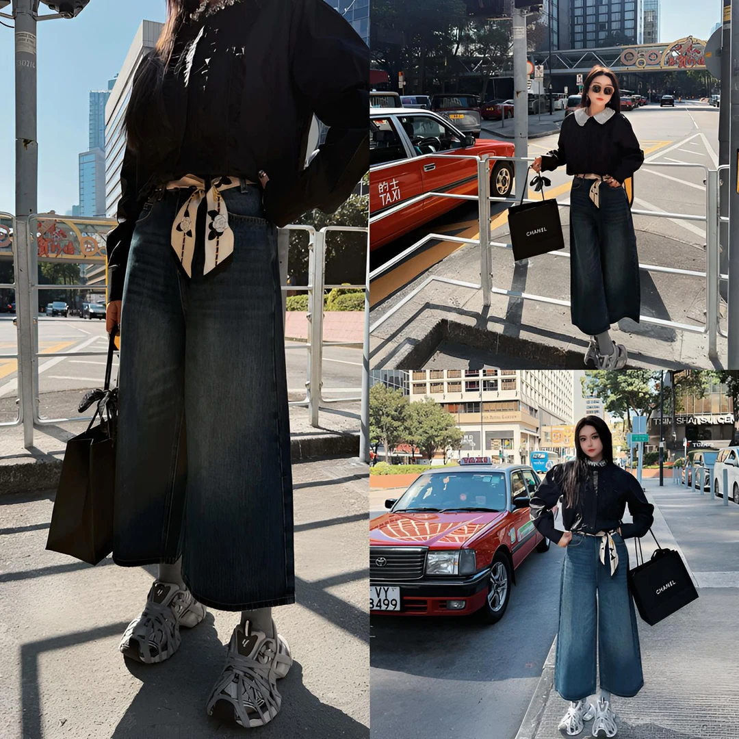 姗蔓深圳原版/212蓝色孤岛~高腰9分裤阔腿裤牛仔裤