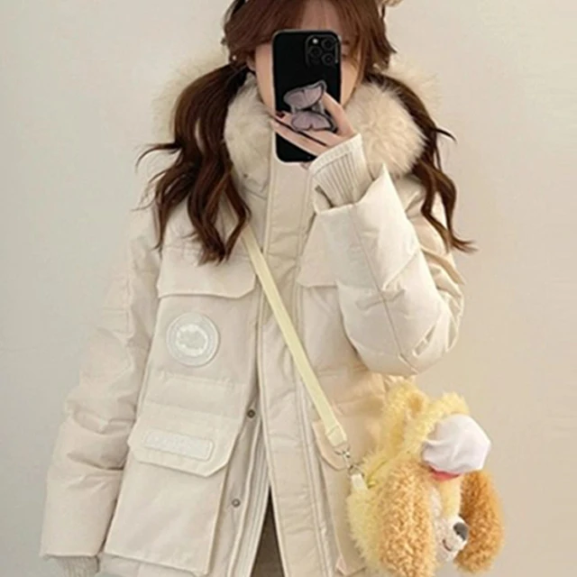 粉色派克工装大毛领羽绒服女短款2025冬季新款韩版加厚小个子外套