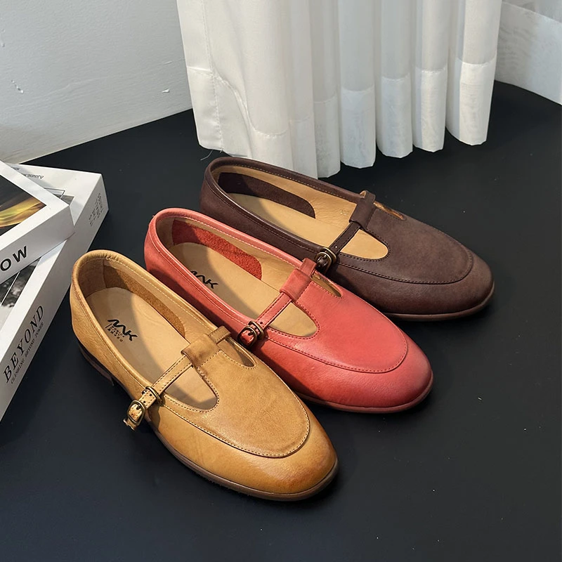 M.nk 复古低跟玛丽珍女鞋浅口单鞋马皮手工圆头百搭小单鞋22611