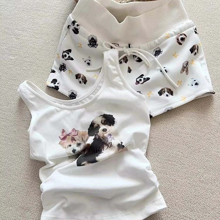 甜美简约小狗狗印花夏季睡衣女背心短裤卡通少女家居服套装可外穿