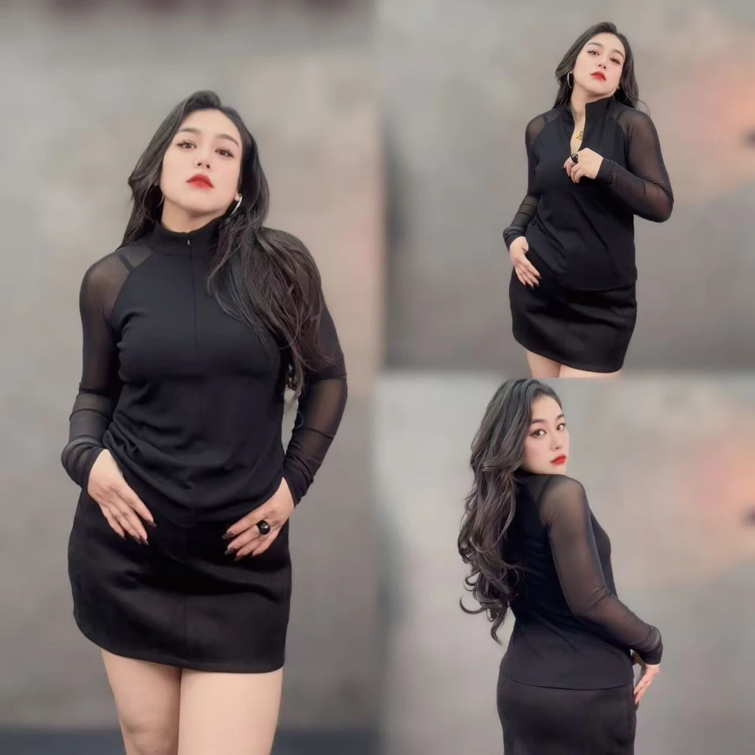 宋美人【小众甜辣】早秋新款性感网纱拼接气质轻熟风上衣8072