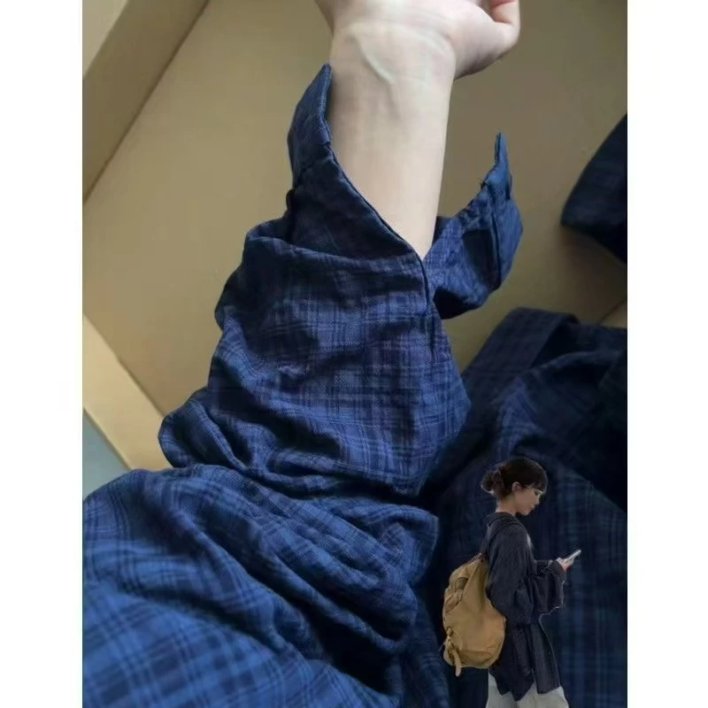 气质蓝色格子衬衫外套女2025早春季新款上衣冷淡系高级感法式衬衣