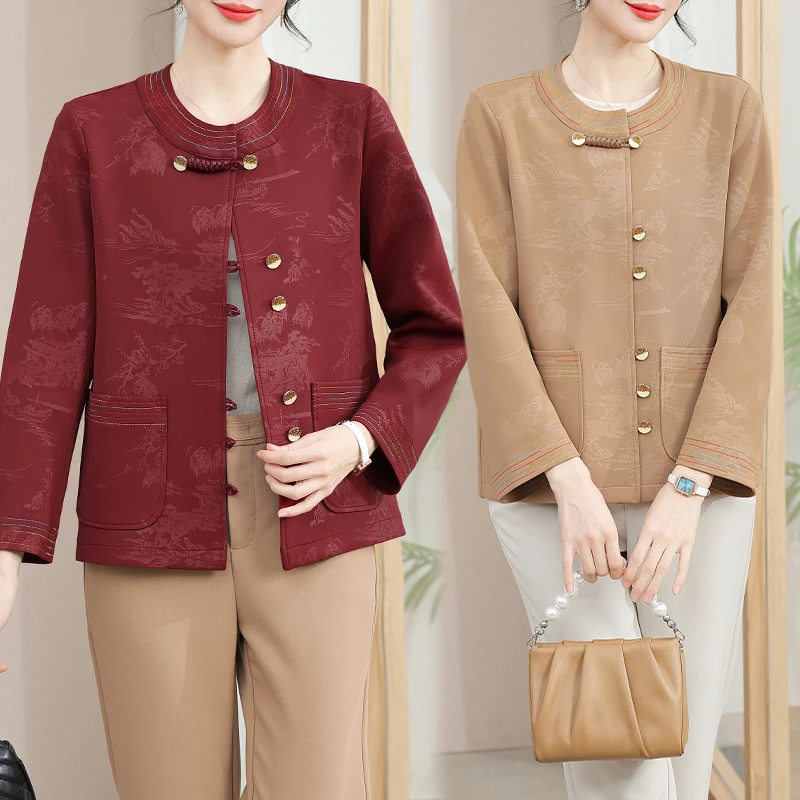 新中式妈妈春装洋气外套短款2025中老年妈妈春秋时尚印花气质上衣