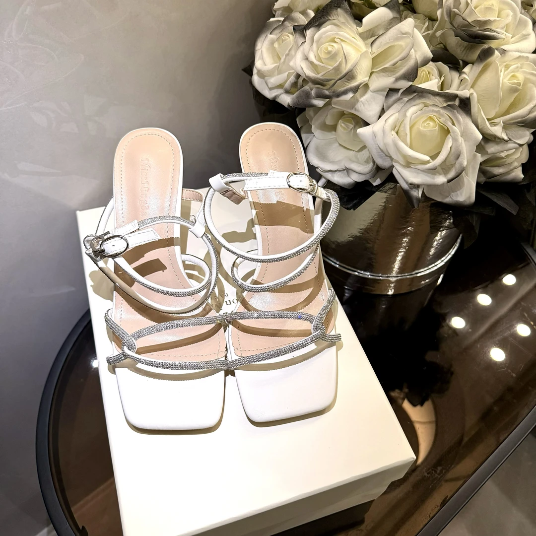 【Sumlee】新款方头交叉露趾一字带细跟凉鞋女白色高跟鞋水钻罗马鞋