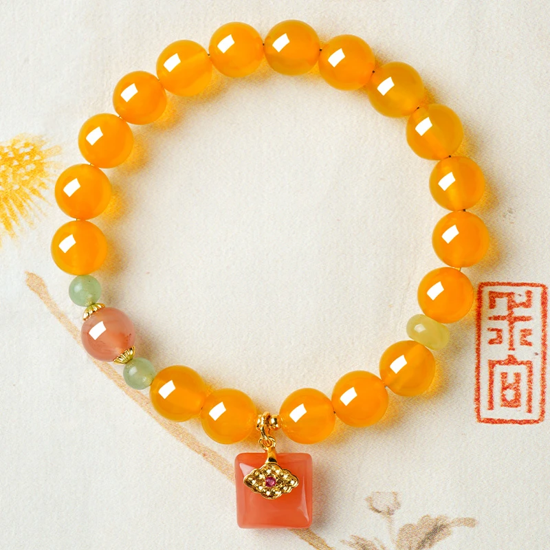 天然黄玛瑙配盐源玛瑙无事牌吊坠手链多样性发—SL607